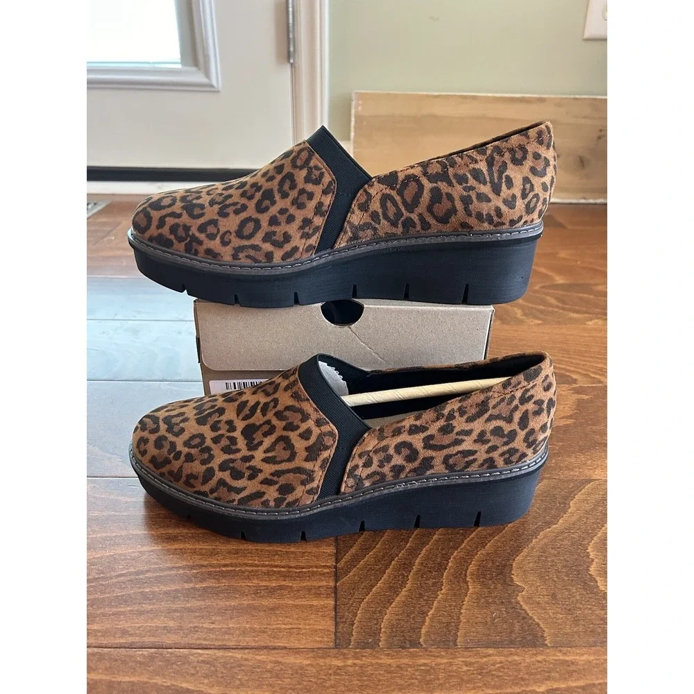 Clarks Womens 10 N Airabell Mid Leopard Print Wedges Leather Closed Toe NEW‎